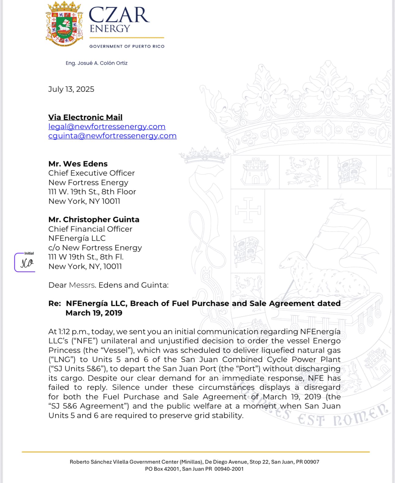 Carta de la AEE a NFEnergía LLC.