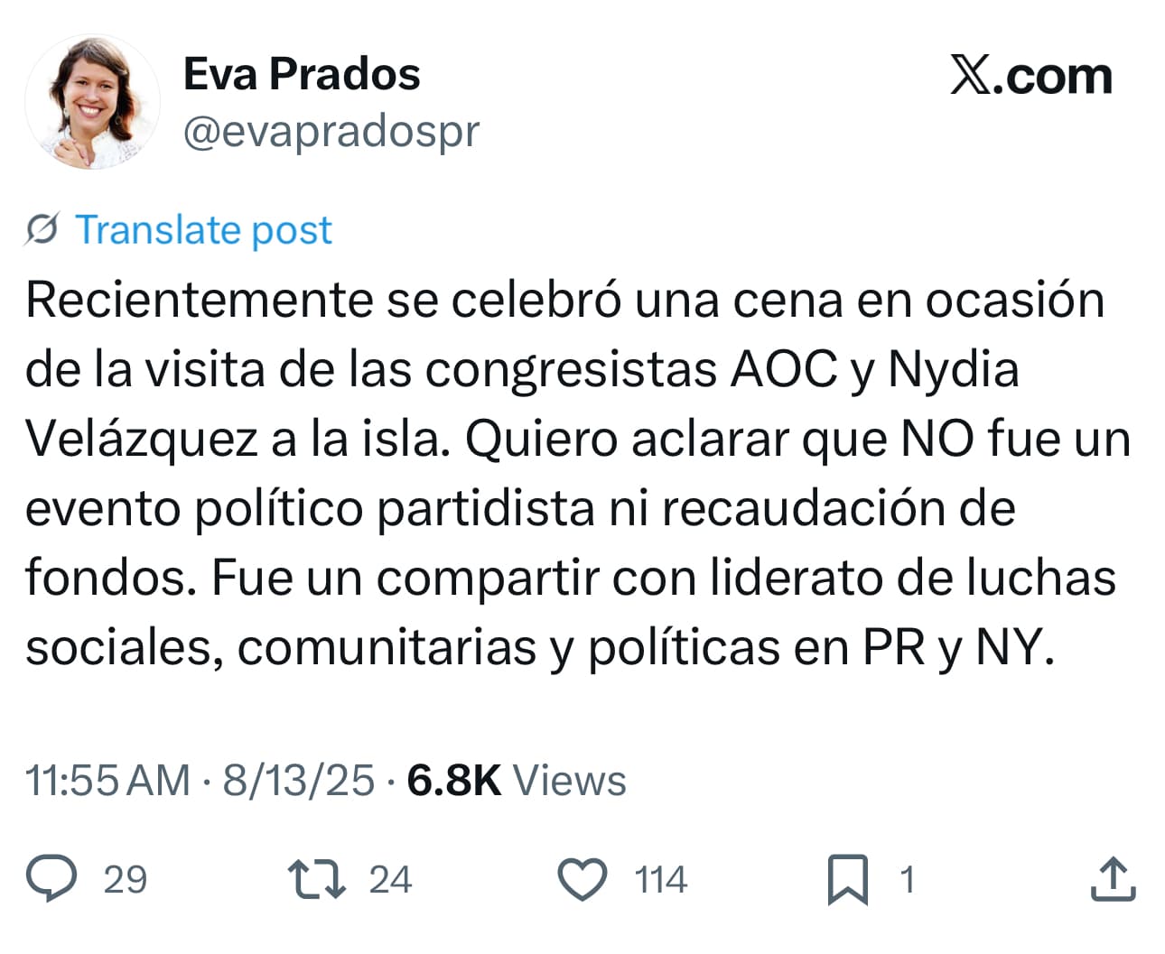 Publicación de Eva Prados en la red social X.