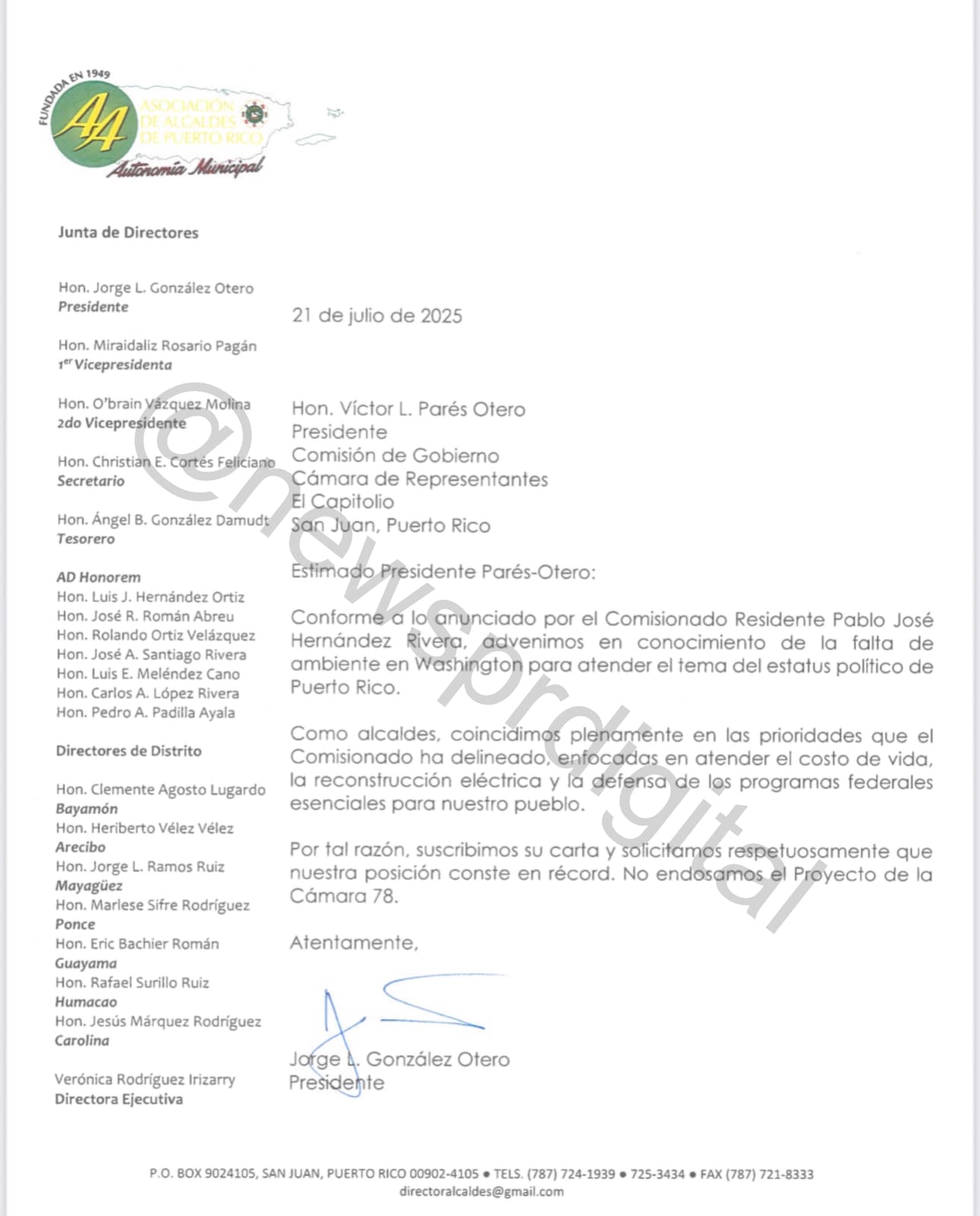 Carta de la Asociación de Alcaldes, ahora rechazando el PC 78.