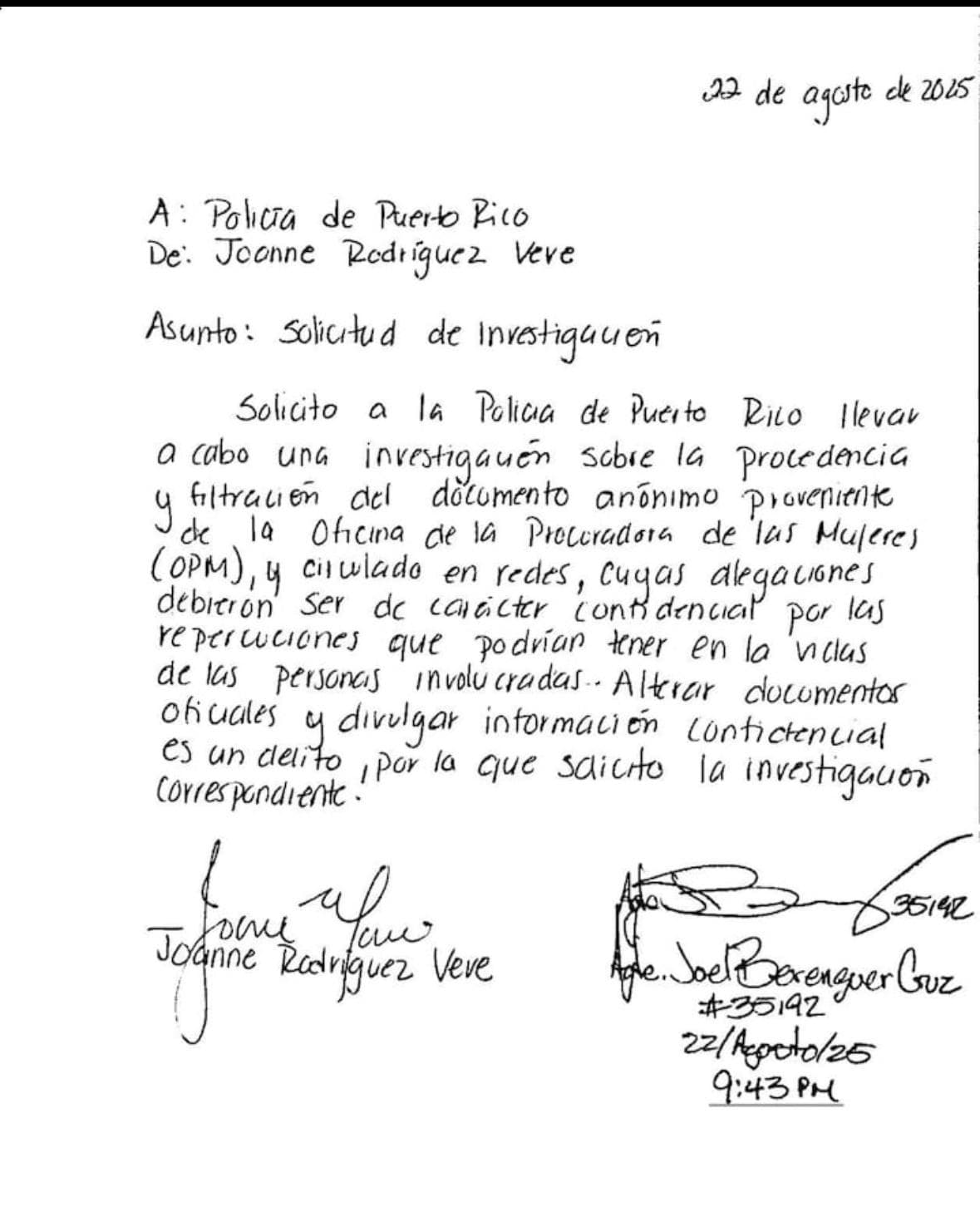 Carta que la senadora sometió a la policía de Puerto Rico.