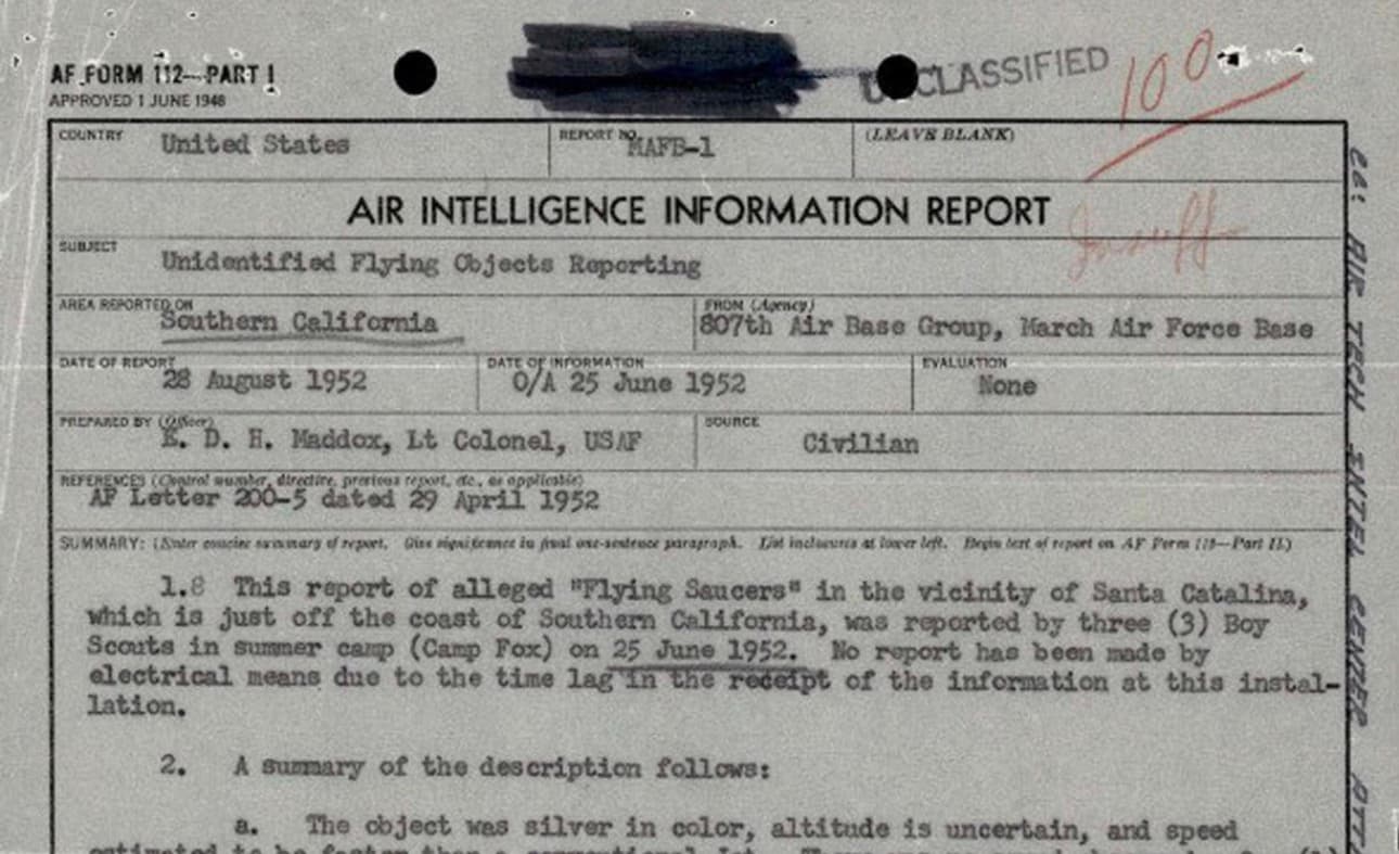 EEUU revela reportes de avistamientos de ovnis en el siglo XX, varios cerca de California
