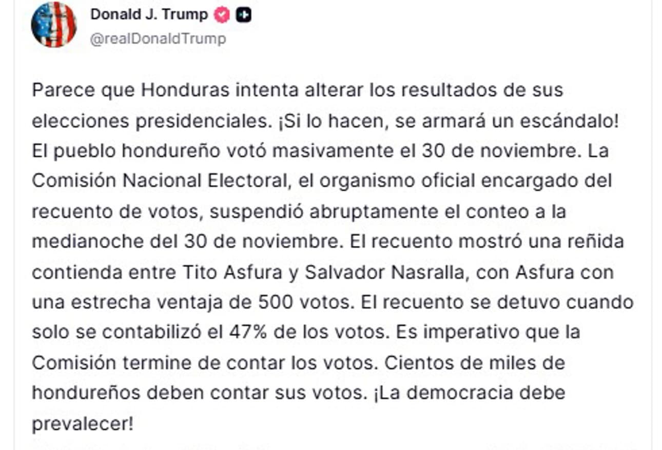 Trump advierte de "consecuencias" si Honduras altera resultados de elecciones presidenciales