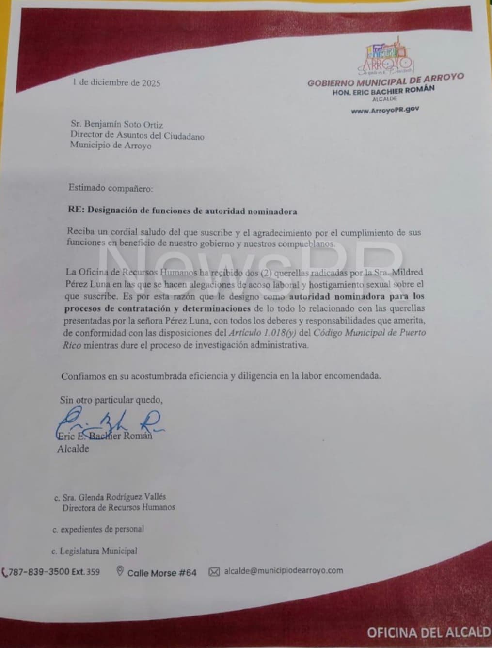Carta relacionada a las querellas radicadas por la empleada municipal Mildred Pérez Luna.