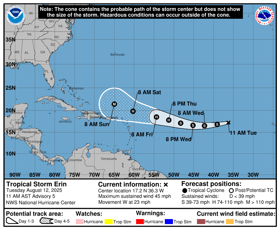 Tormenta tropical Erin avanza rápidamente hacia el oeste