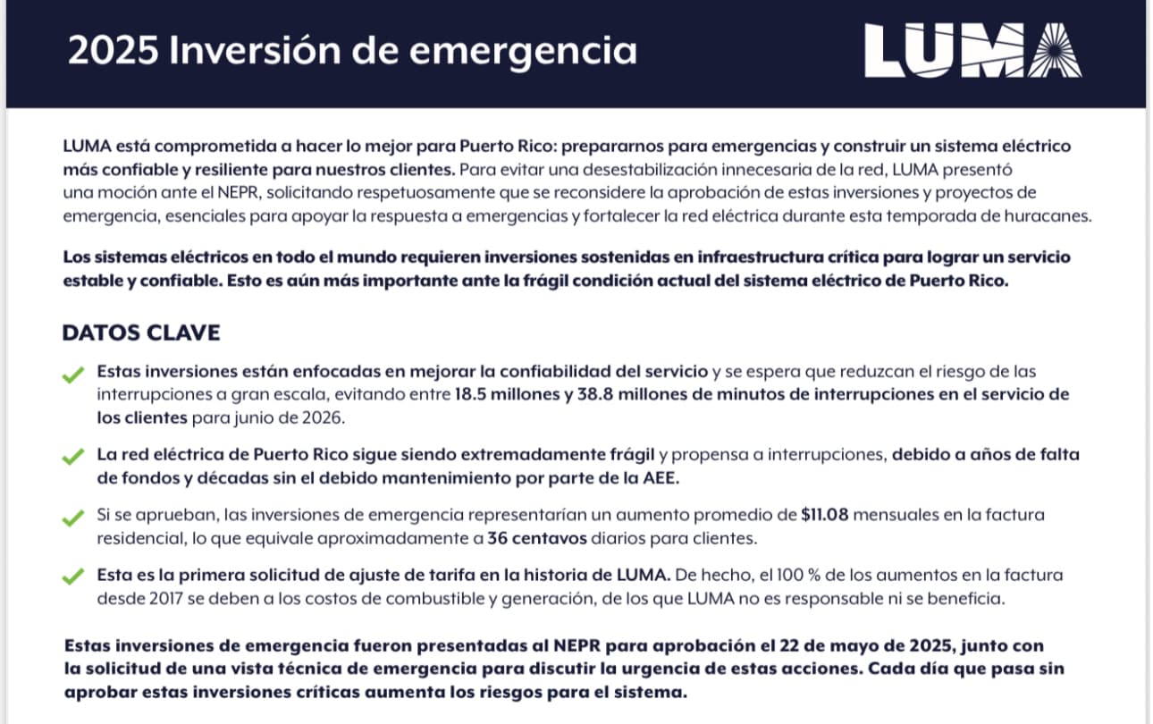 LUMA insiste en inversión de emergencia 