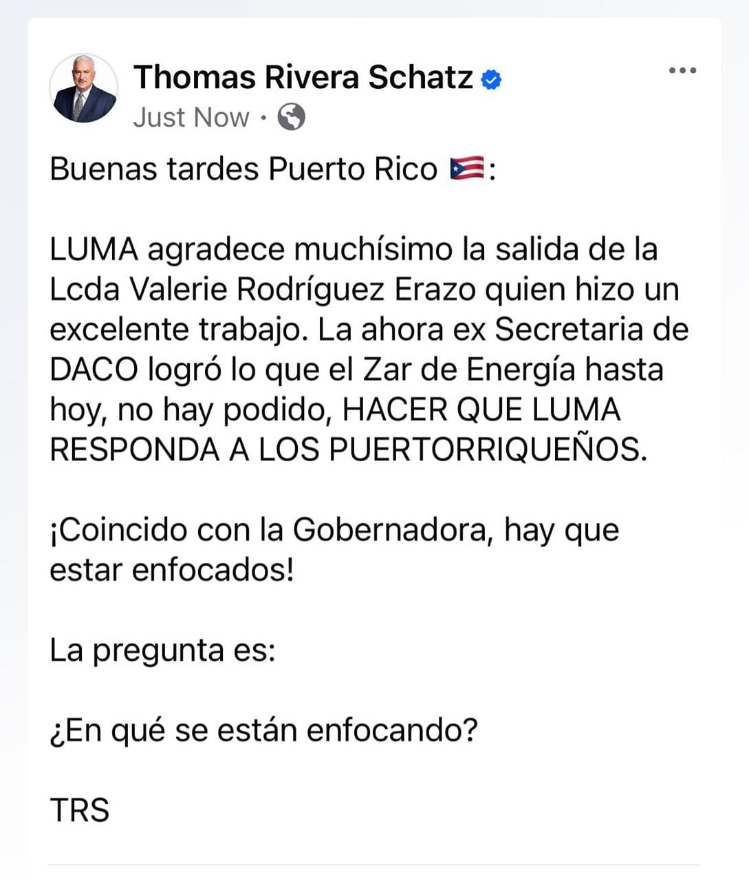 Publicación de Thomas Rivera Schatz en las redes sociales.