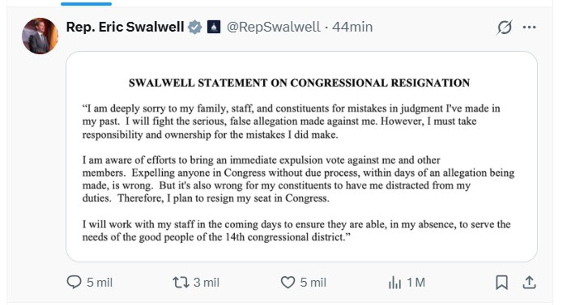 El demócrata Eric Swalwell renuncia al Congreso de EE.UU. tras denuncias de abuso sexual