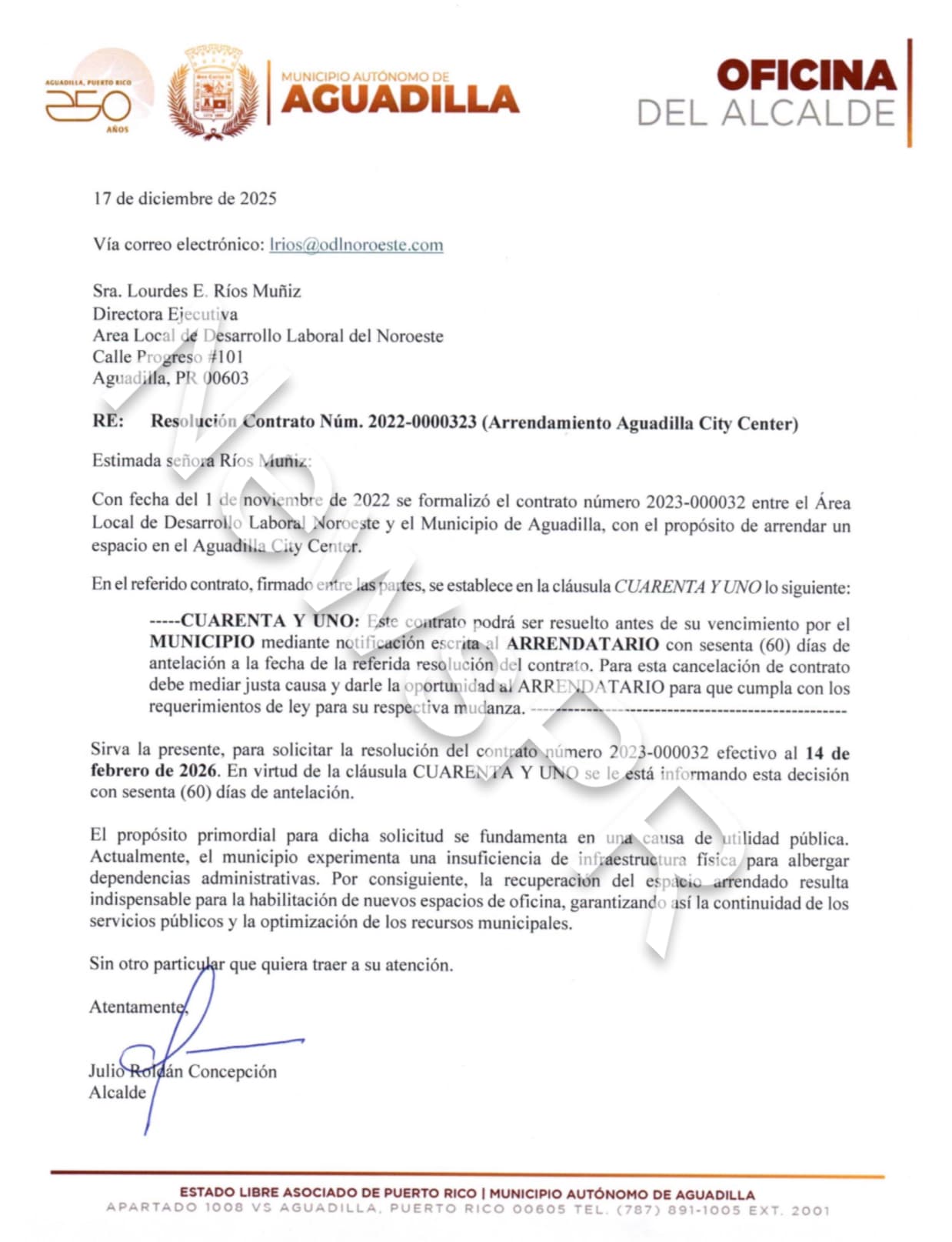 Carta de cancelación de arrendamiento a Conexión Laboral del Noroeste.