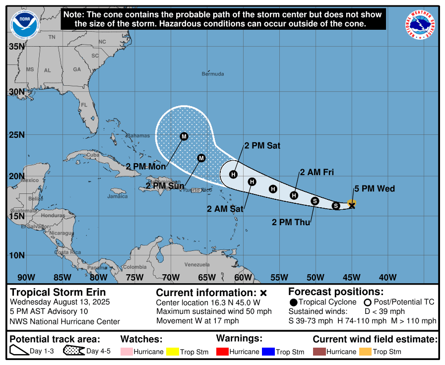 Tormenta Erin se fortalece y podría ser huracán el viernes