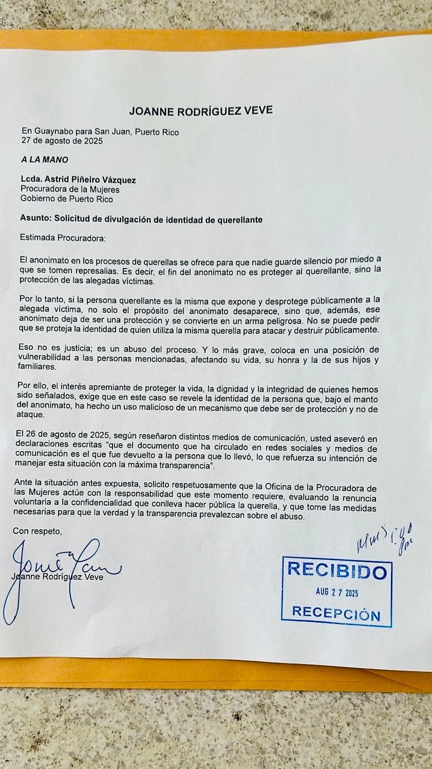 Carta de la senadora Joanne Rodríguez Veve a la OPM.