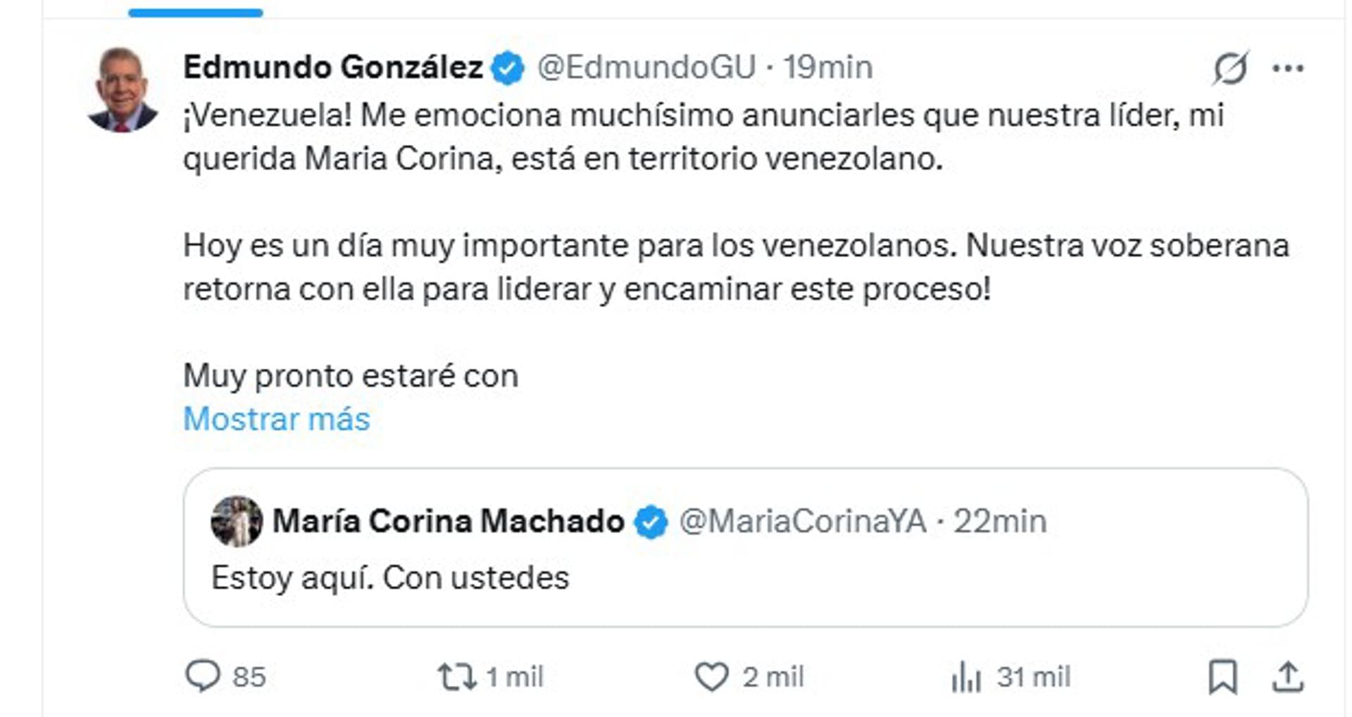 Aseguran que María Corina Machado ya se encuentra en Venezuela