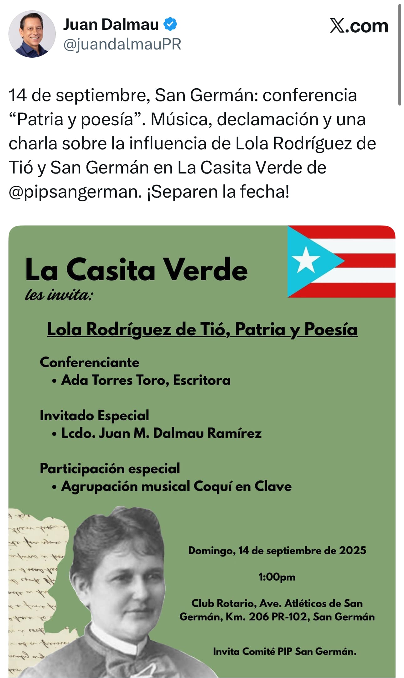 Publicación de Juan Dalmau en las redes sociales invitando a la actividad junto an Ada Torres Toro.