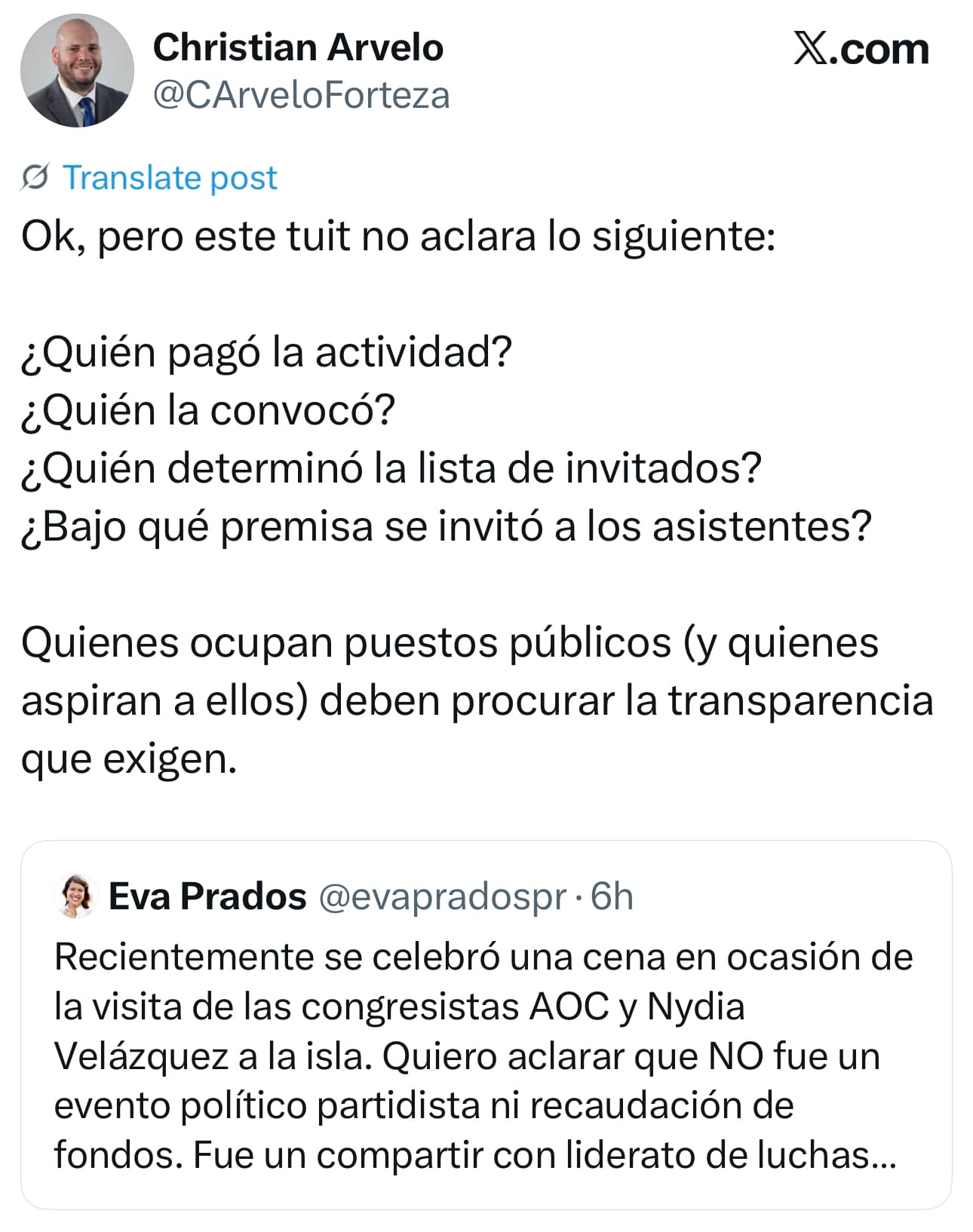 Publicación de Christian Arvelo en la red social X.