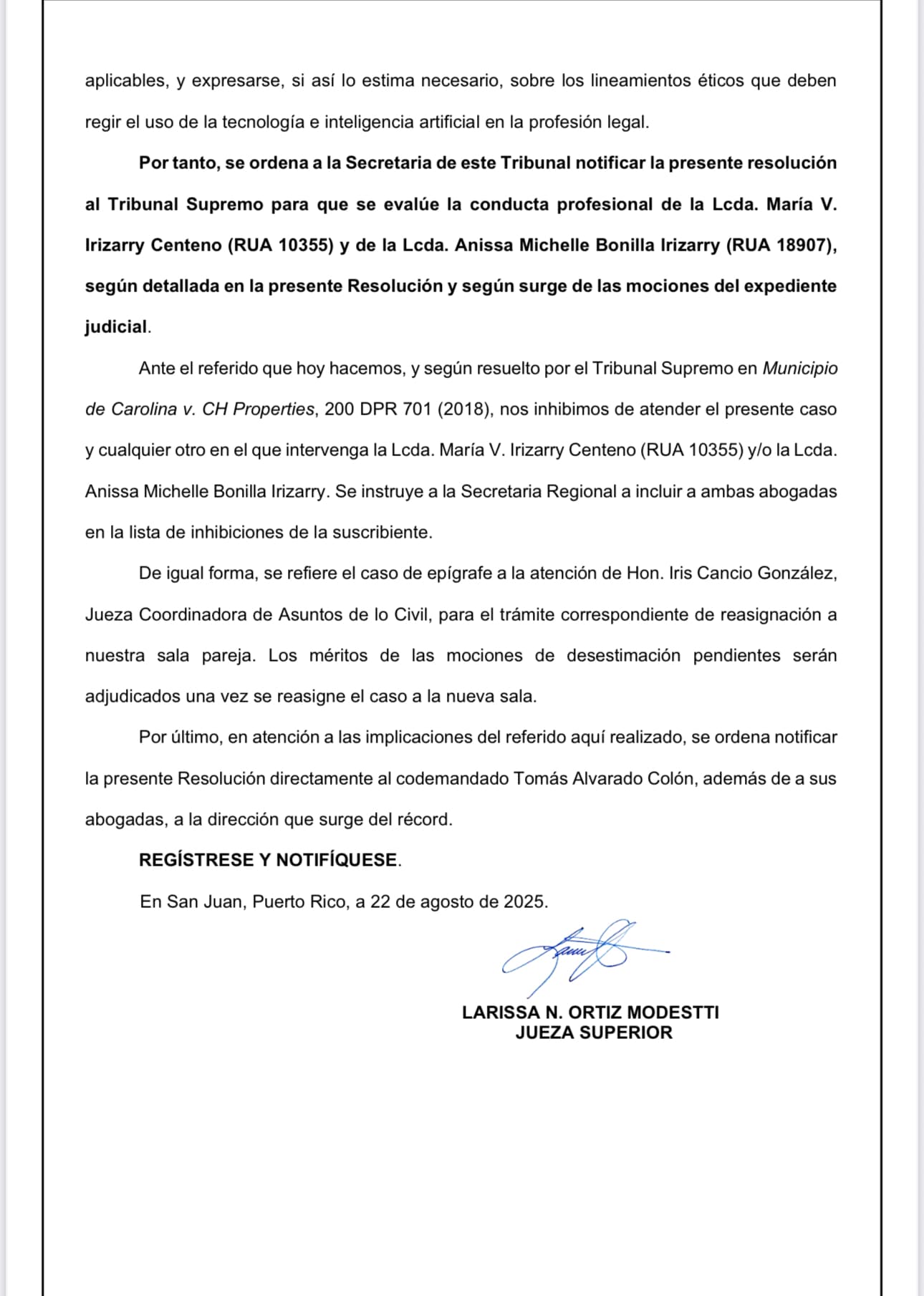 Parte de la Resolución de la jueza Larissa Ortiz.
