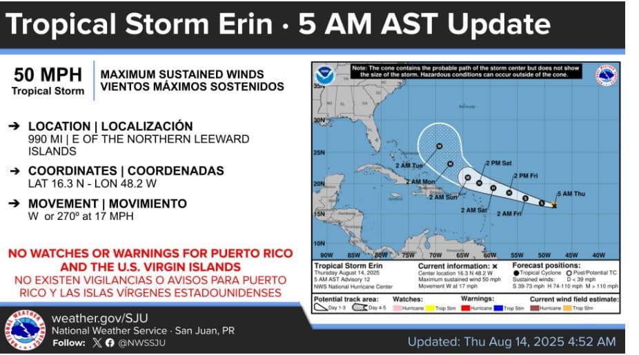 Amenaza de tormenta tropical Erin se aleja de Puerto Rico 