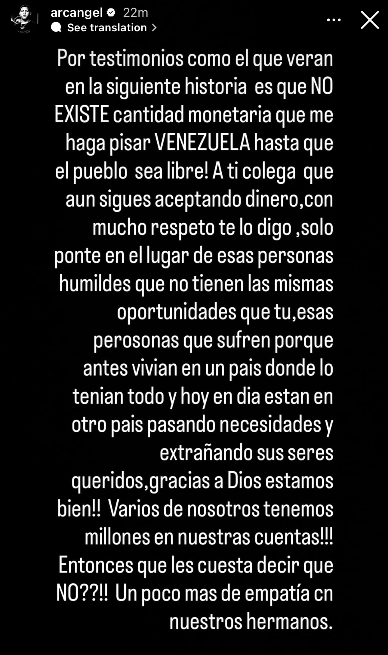 Publicación de Arcángel en su cuenta de Instagram