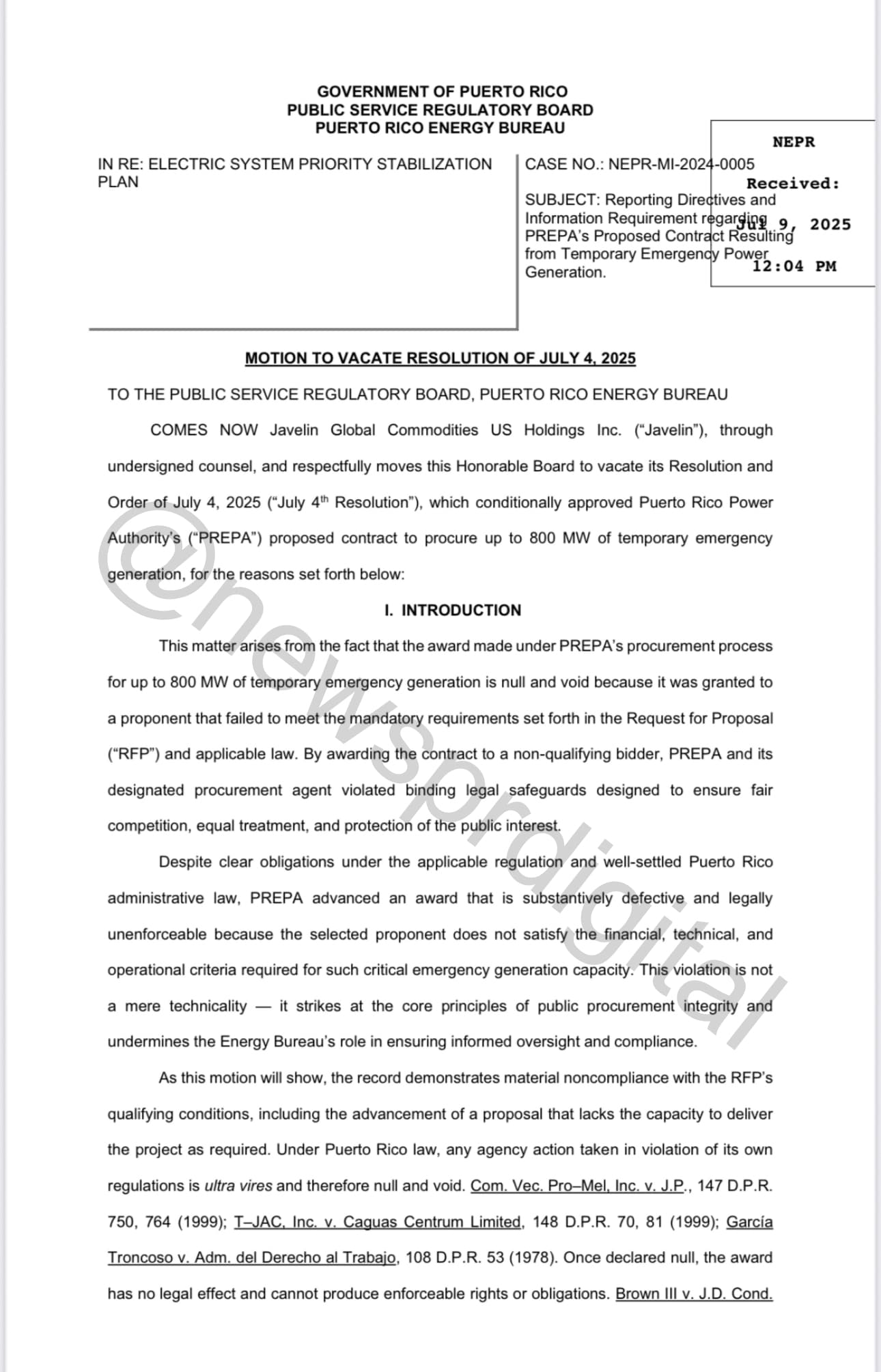 Documento presentado por Javelin ante el Negociado de Energía.