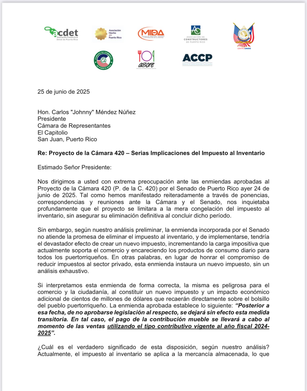 Carta del sector privado al Presidente de la Cámara