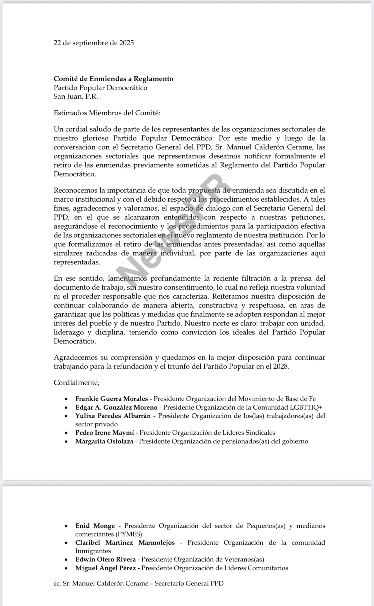 Carta dirigida al Comité de Enmiendas a Reglamento y al Secretario General del PPD.