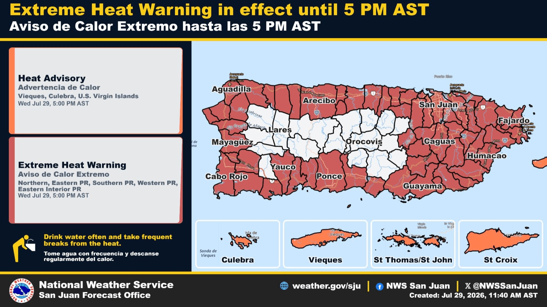 Servicio Nacional de Meteorología eleva a advertencia extrema el aviso de calor para gran parte de Puerto Rico