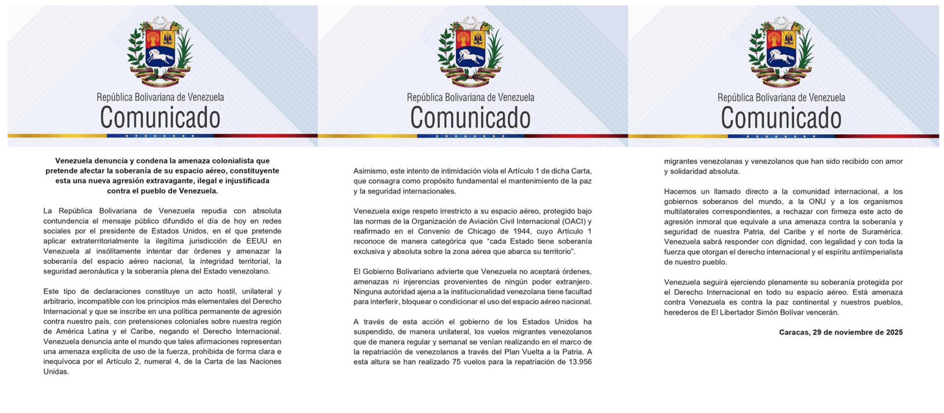 Venezuela repudia que Trump "insólitamente" intenta "dar órdenes" sobre su espacio aéreo