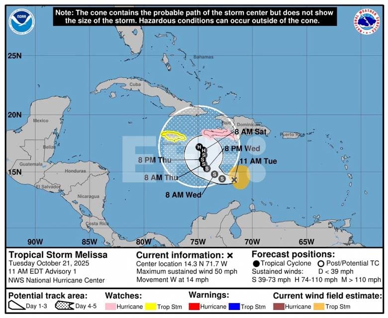 Se forma la tormenta tropical Melissa en el Caribe y amenaza como huracán a Haití