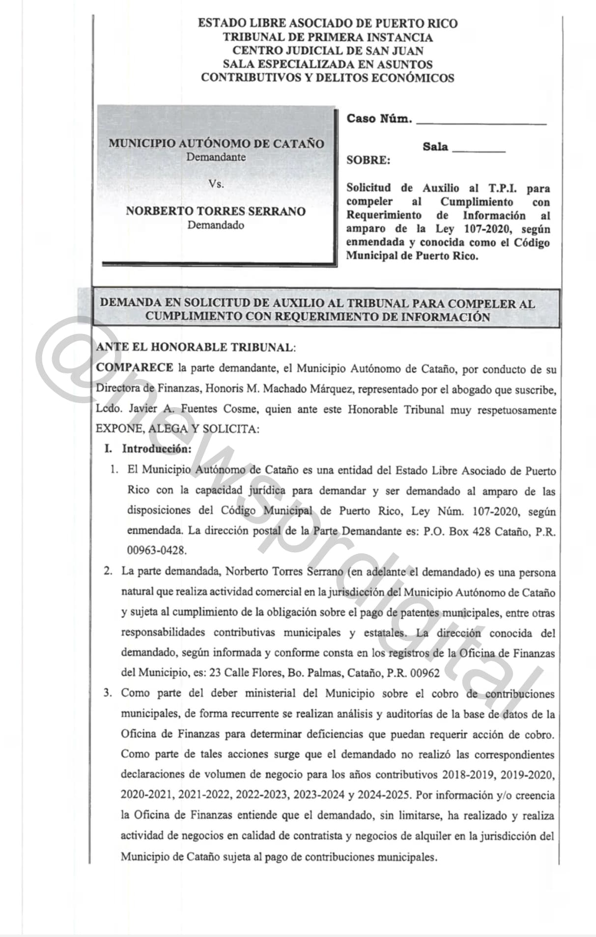 Demanda presentada por el municipio de Cataño contra Norberto Torres.