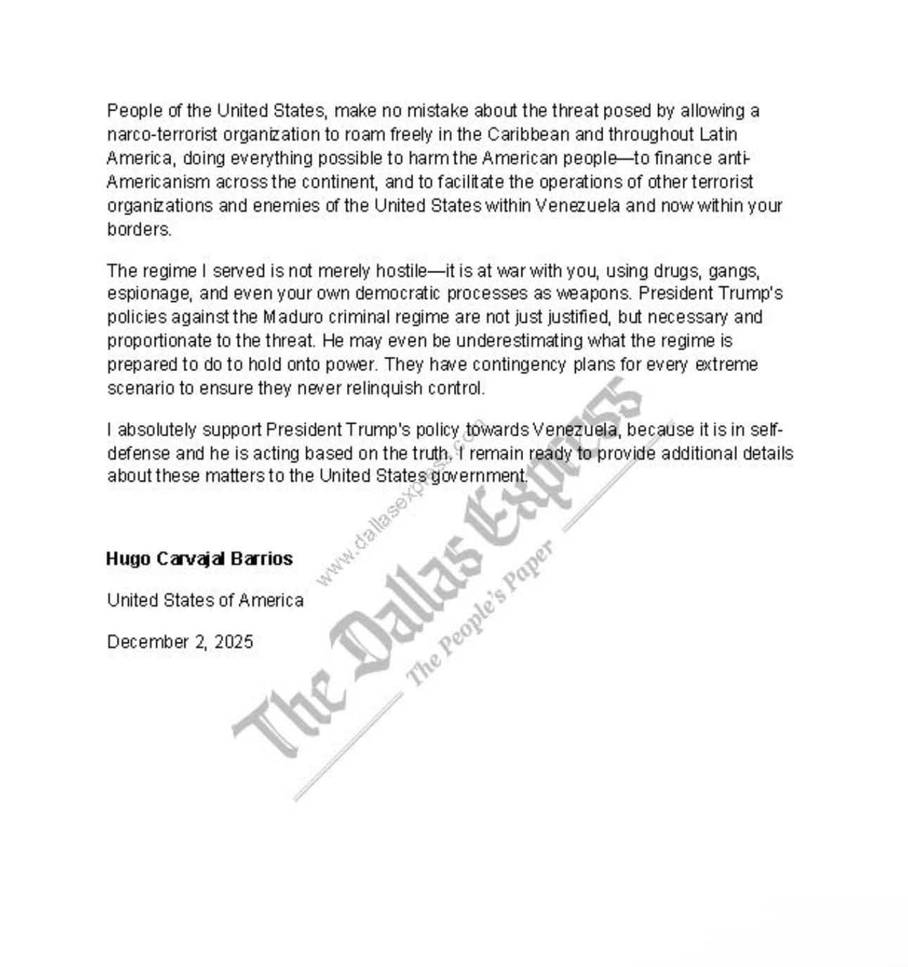 Carta de Hugo “El Pollo” Carvajal al presidente Trump.