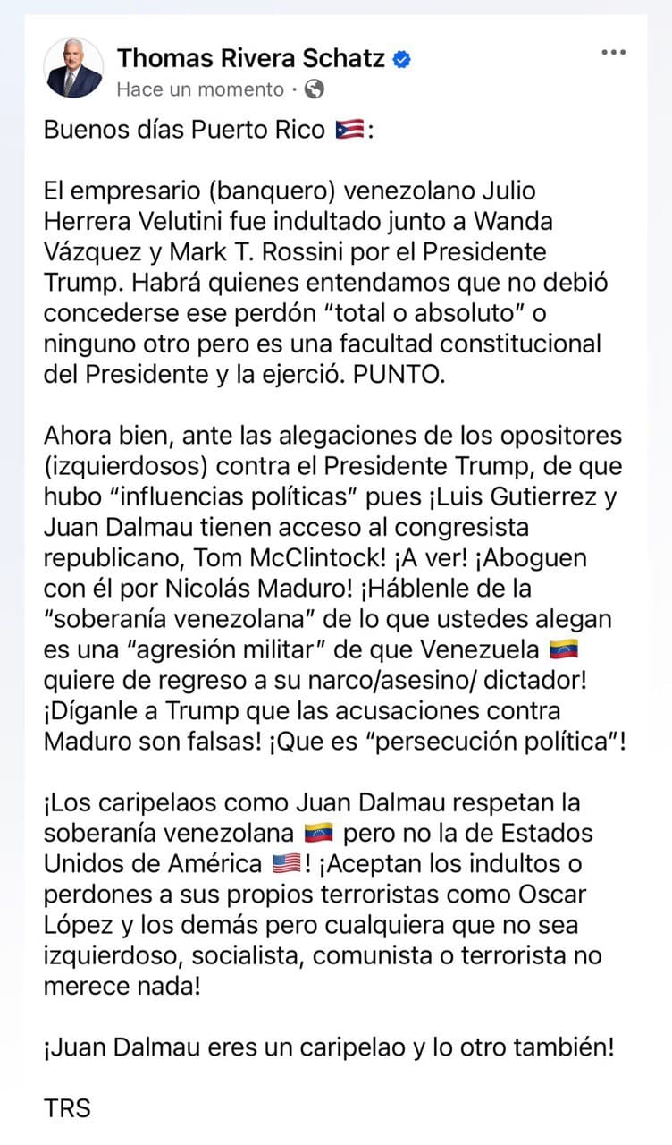 Publicación de Thomas Rivera Schatz en las redes sociales.