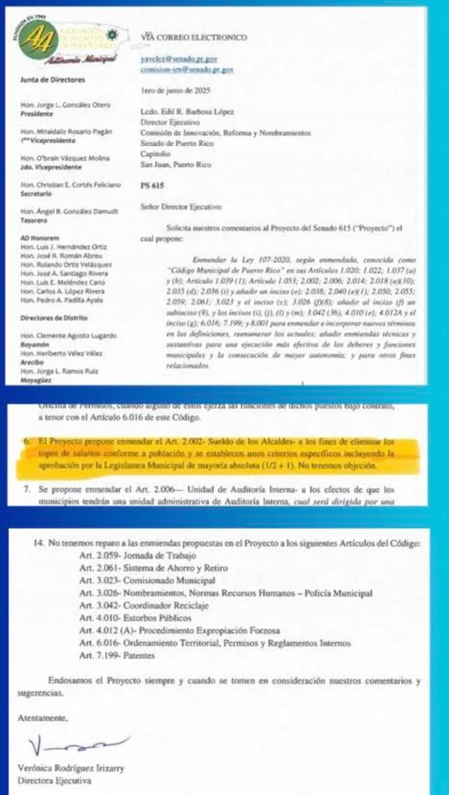 Ponencia de la Asociación de Alcaldes en donde apoyan el aumento de sueldo a los ejecutivos municipales.