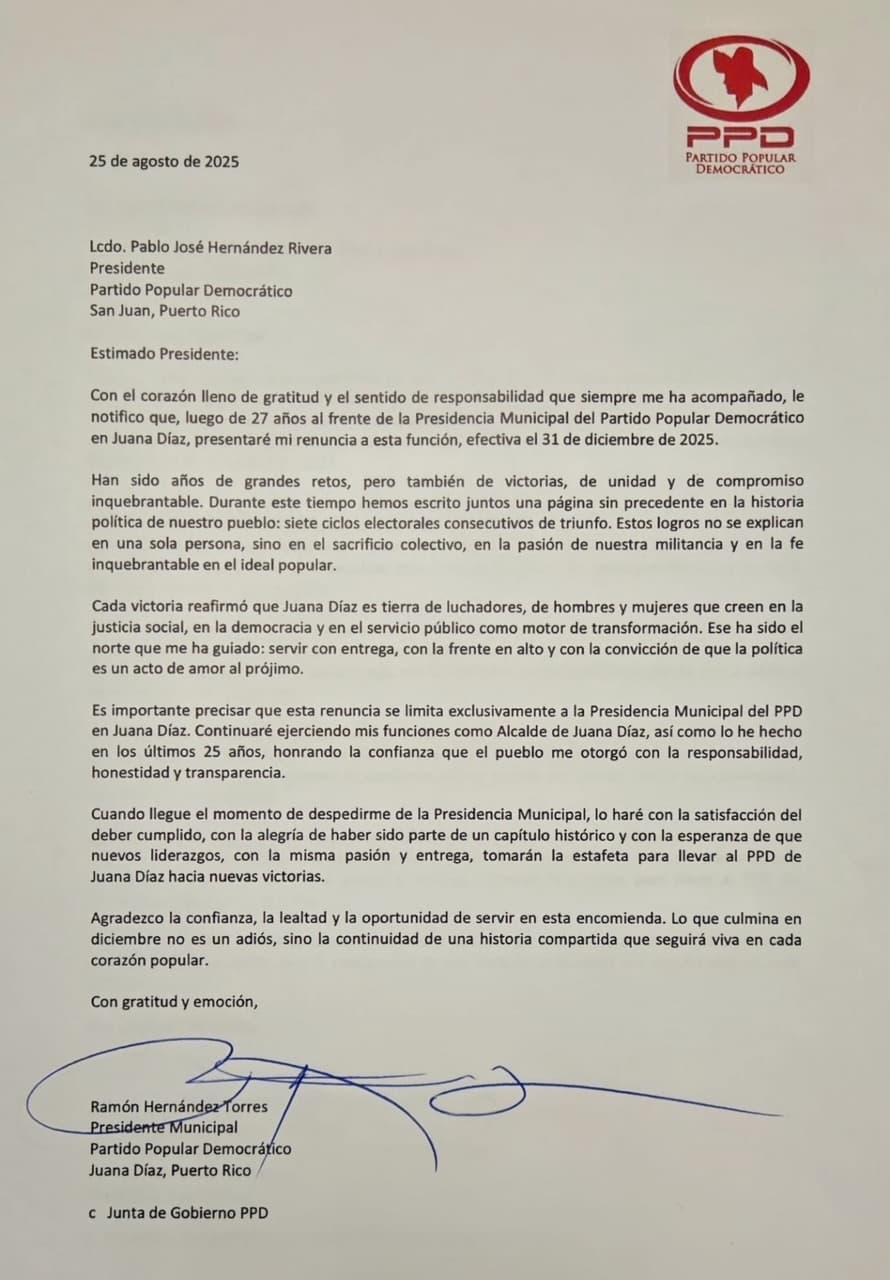 Carta de renuncia del alcalde de Juana Díaz a la presidencia del PPD en dicho municipio.