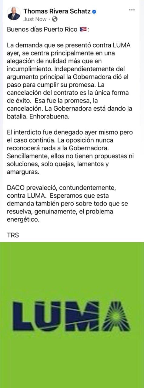 Publicación de Thomas Rivera Schatz en las redes sociales.