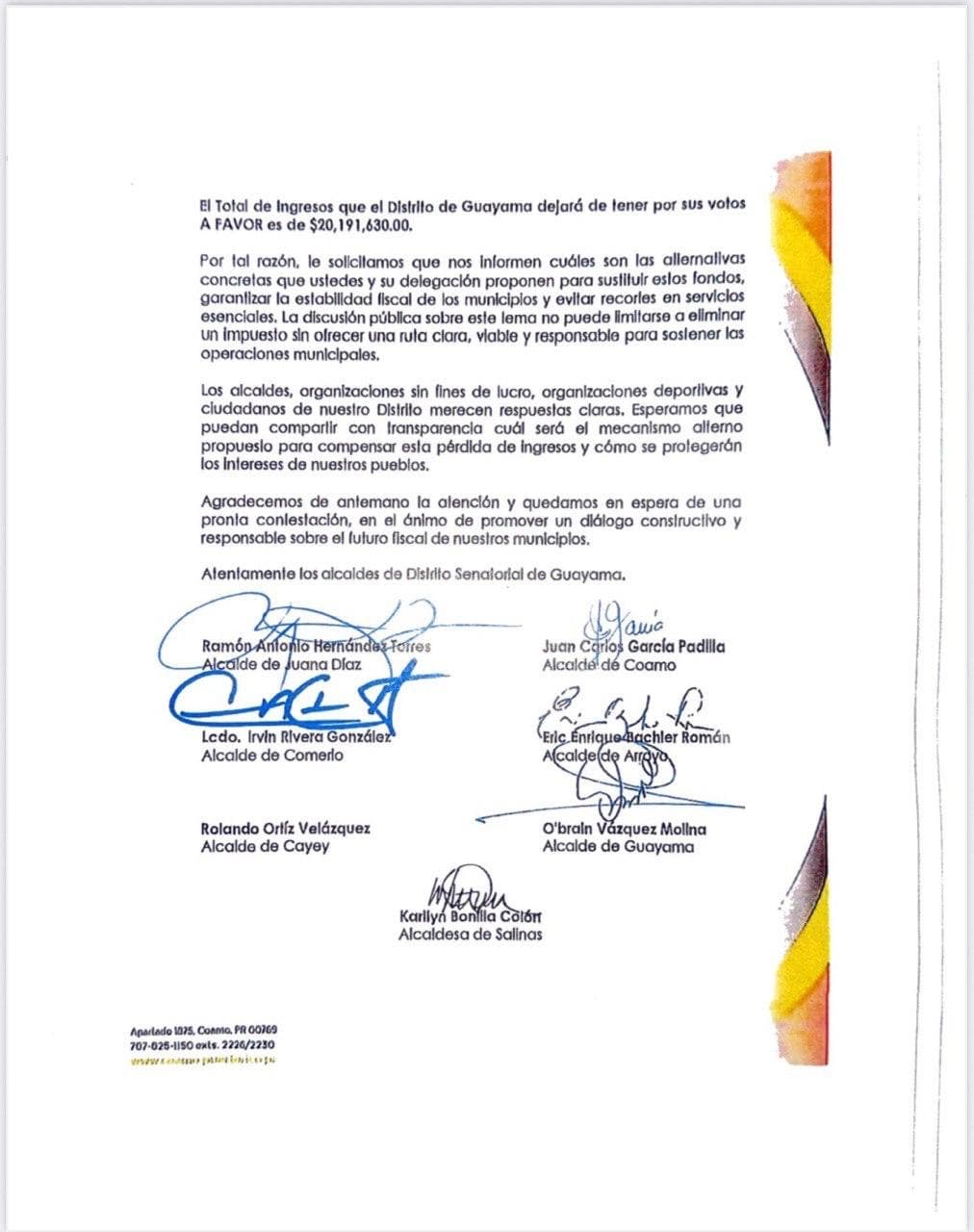 Carta de varios alcaldes del PPD del distrito de Guayama al Senado de Puerto Rico.