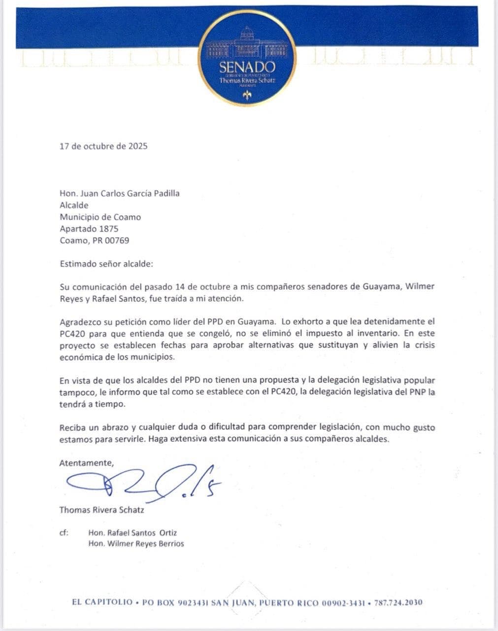 Carta del presidente del Senado, Thomas Rivera Schatz, en contestación a los alcaldes de la Pava.