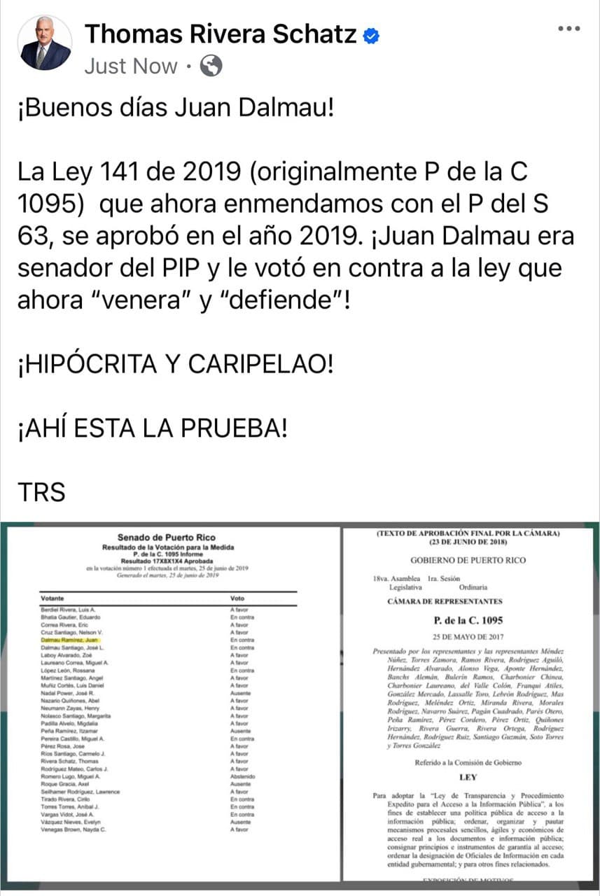 Publicación de Thomas Rivera Schatz en sus redes sociales.