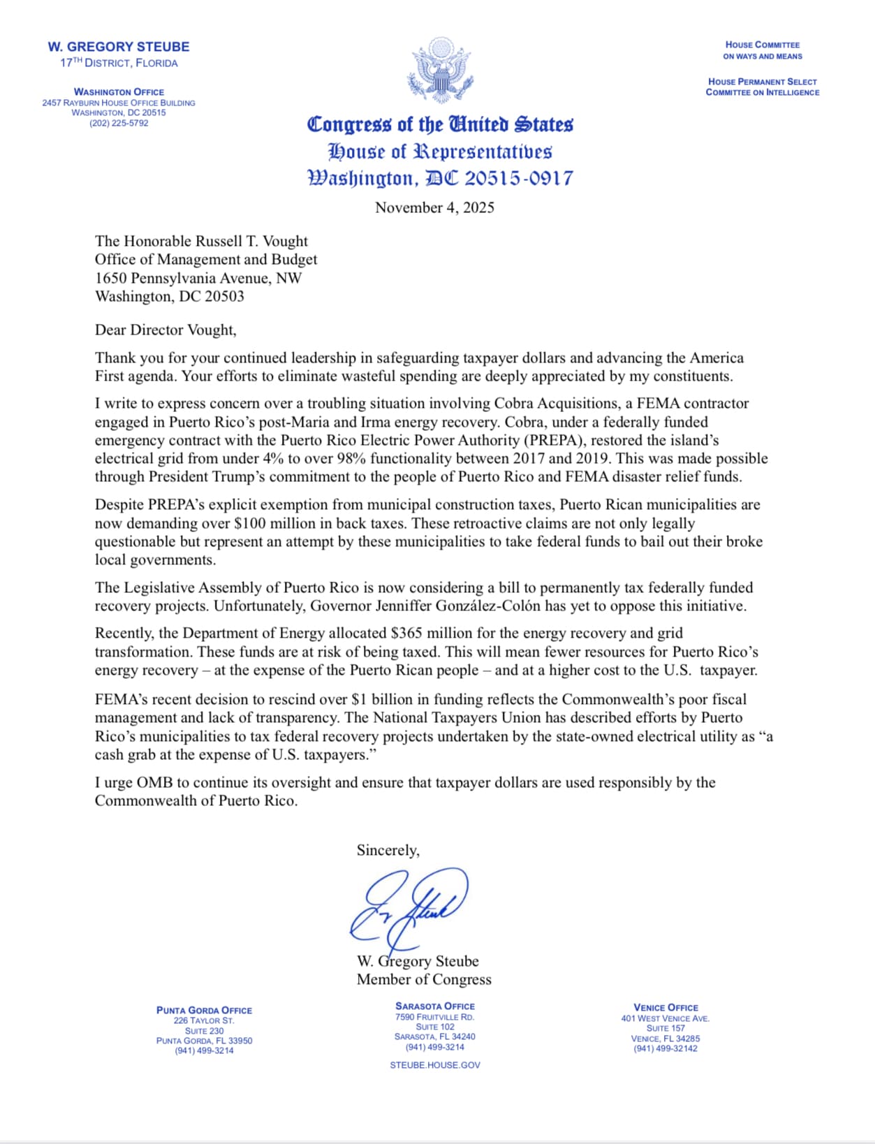 Carta del congresista republicano por Florida, W. Gregory Steube, al director de la Oficina de Gerencia y Presupuesto (OMB), Russell T. Vought.