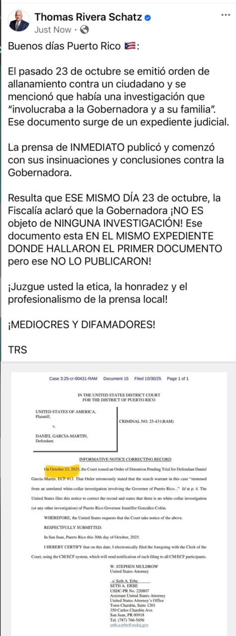 Publicación de Rivera Schatz en las redes sociales.