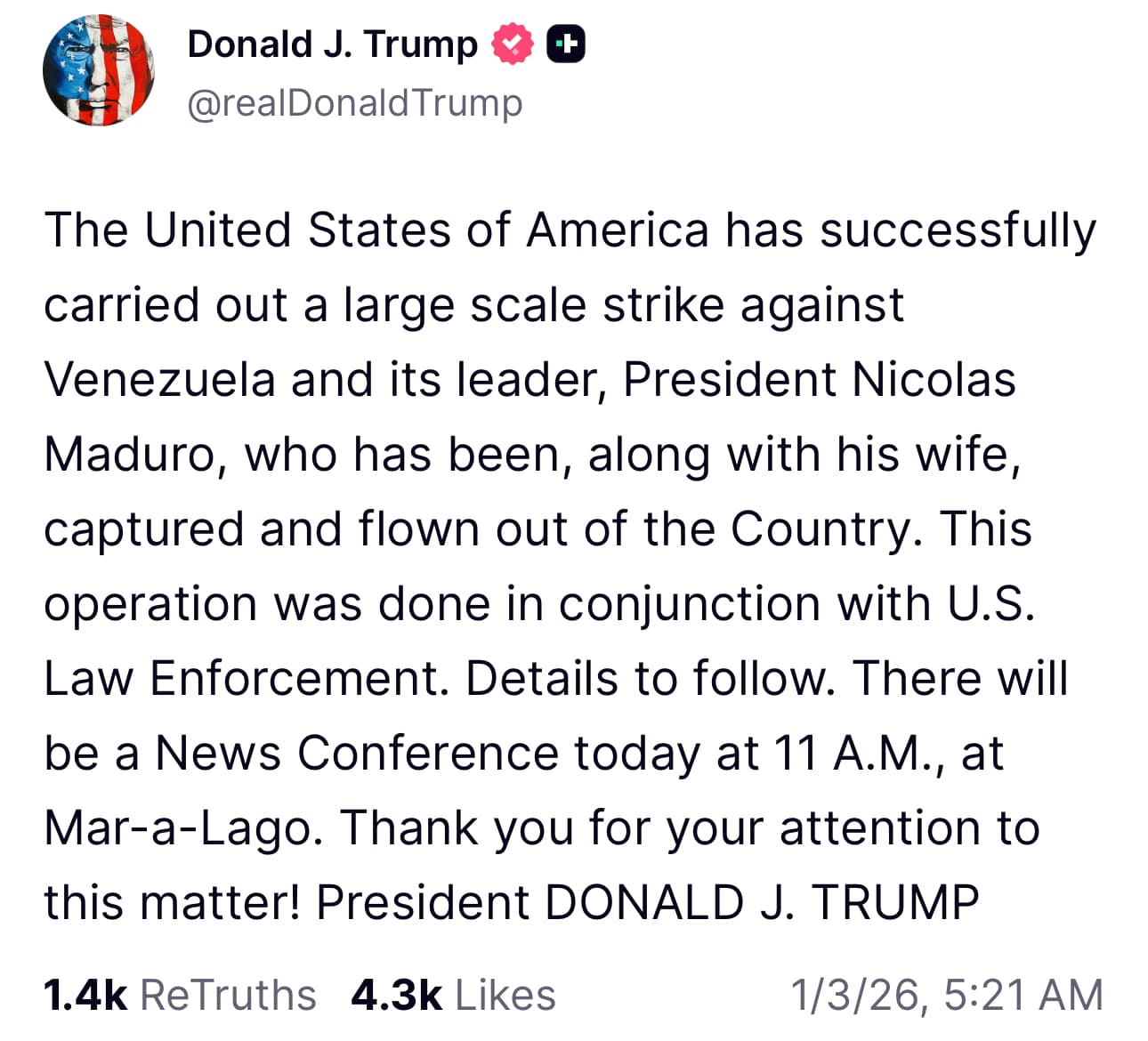 Publicación de Donald Trump en Truth Social.