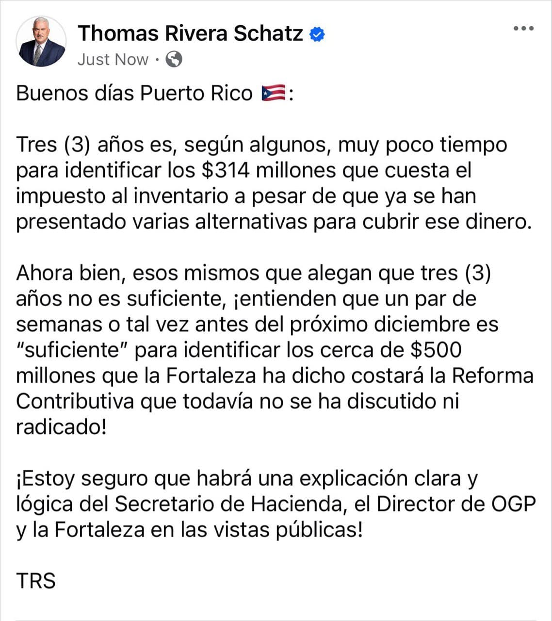 Publicación de Thomas Rivera Schatz en las redes sociales.