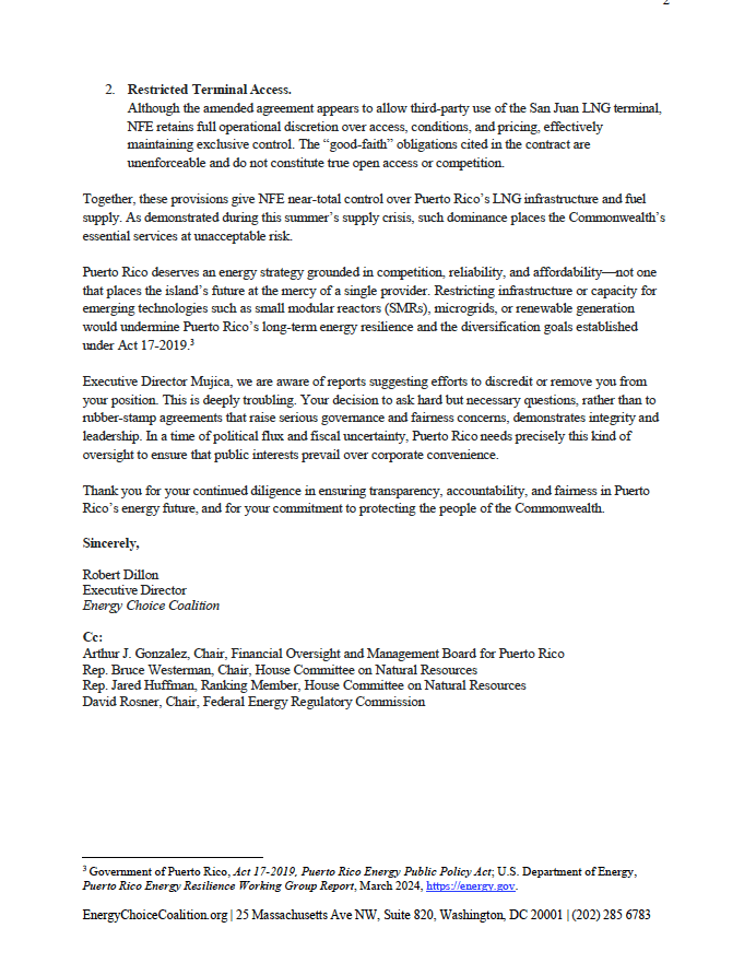 Carta de la organización Energy Choice Coalition a la Junta de Supervisión Fiscal.