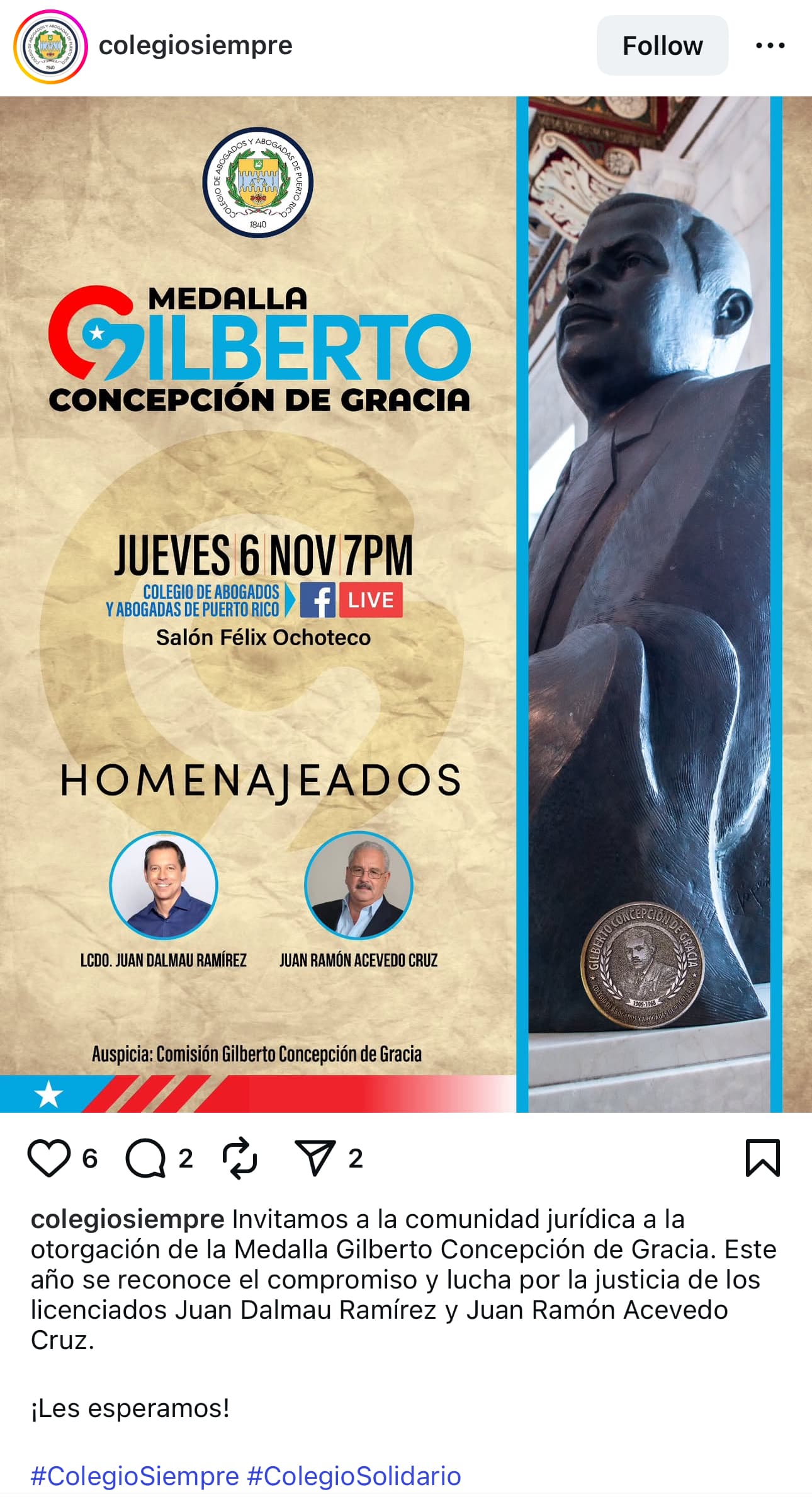 Invitación de la premiación del Colegio de Abogados a Juan Dalmau.