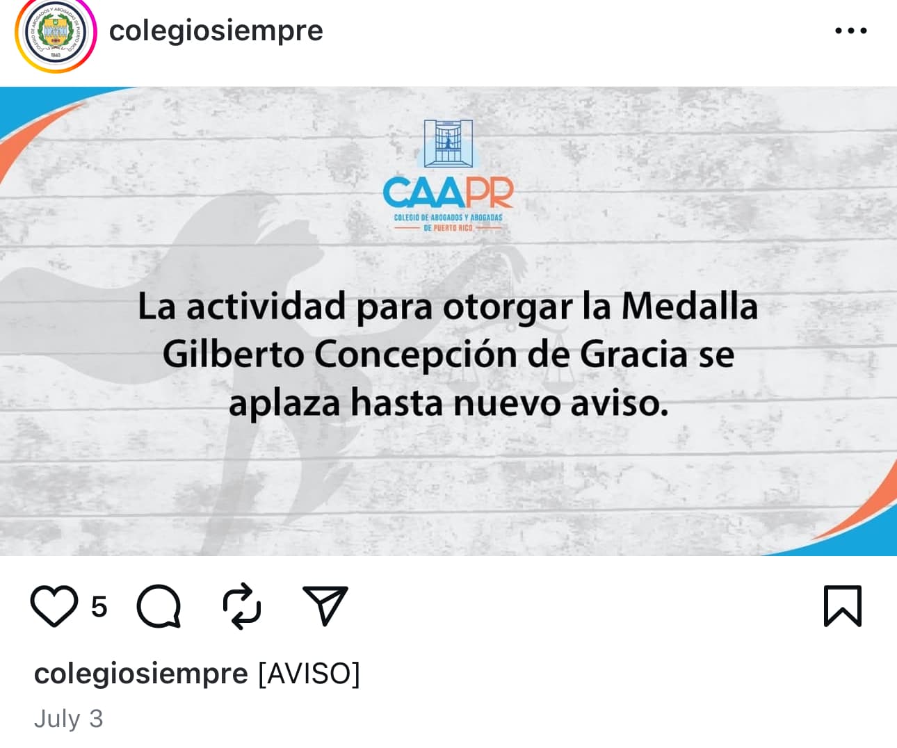 Publicación del Colegio de Abogados cuando había suspendido la actividad.