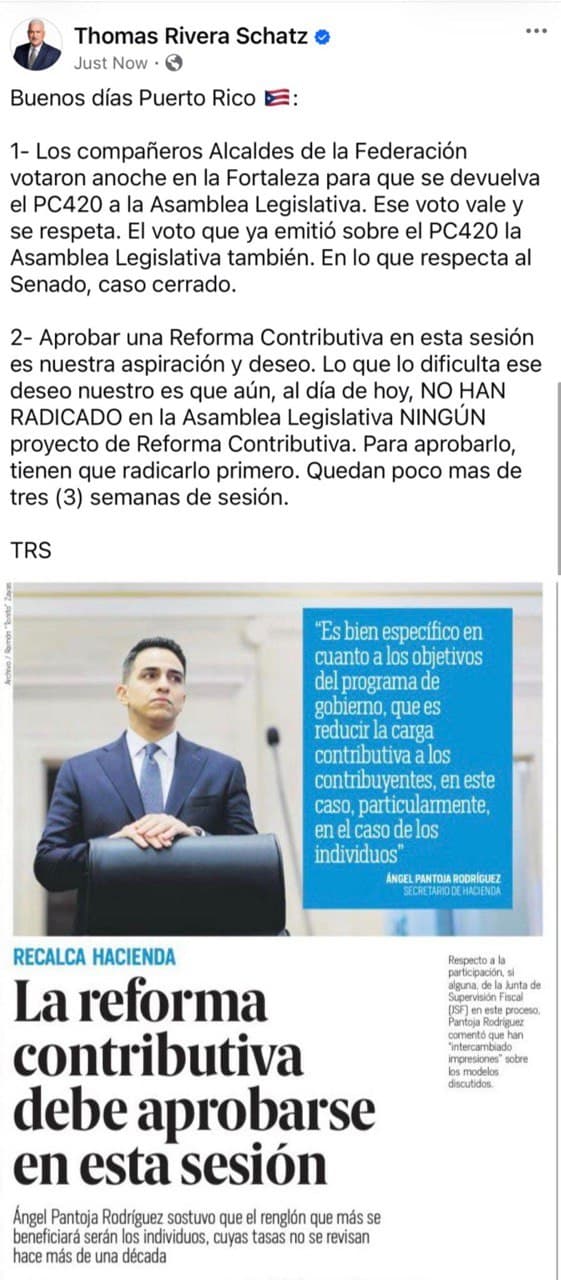 Publicación de Thomas Rivera Schatz en las redes sociales.