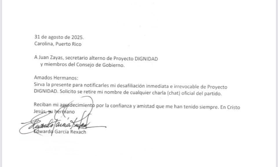 Carta de desafiliación de Eduardo García Rexach.