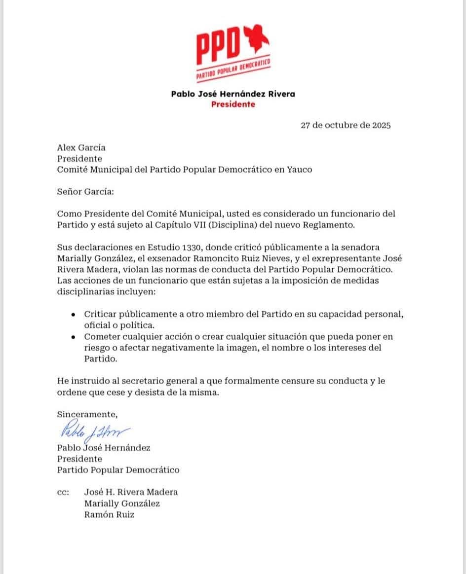 Carta de Pablo José Hernández dirigida al Presidente del PPD en Yauco.