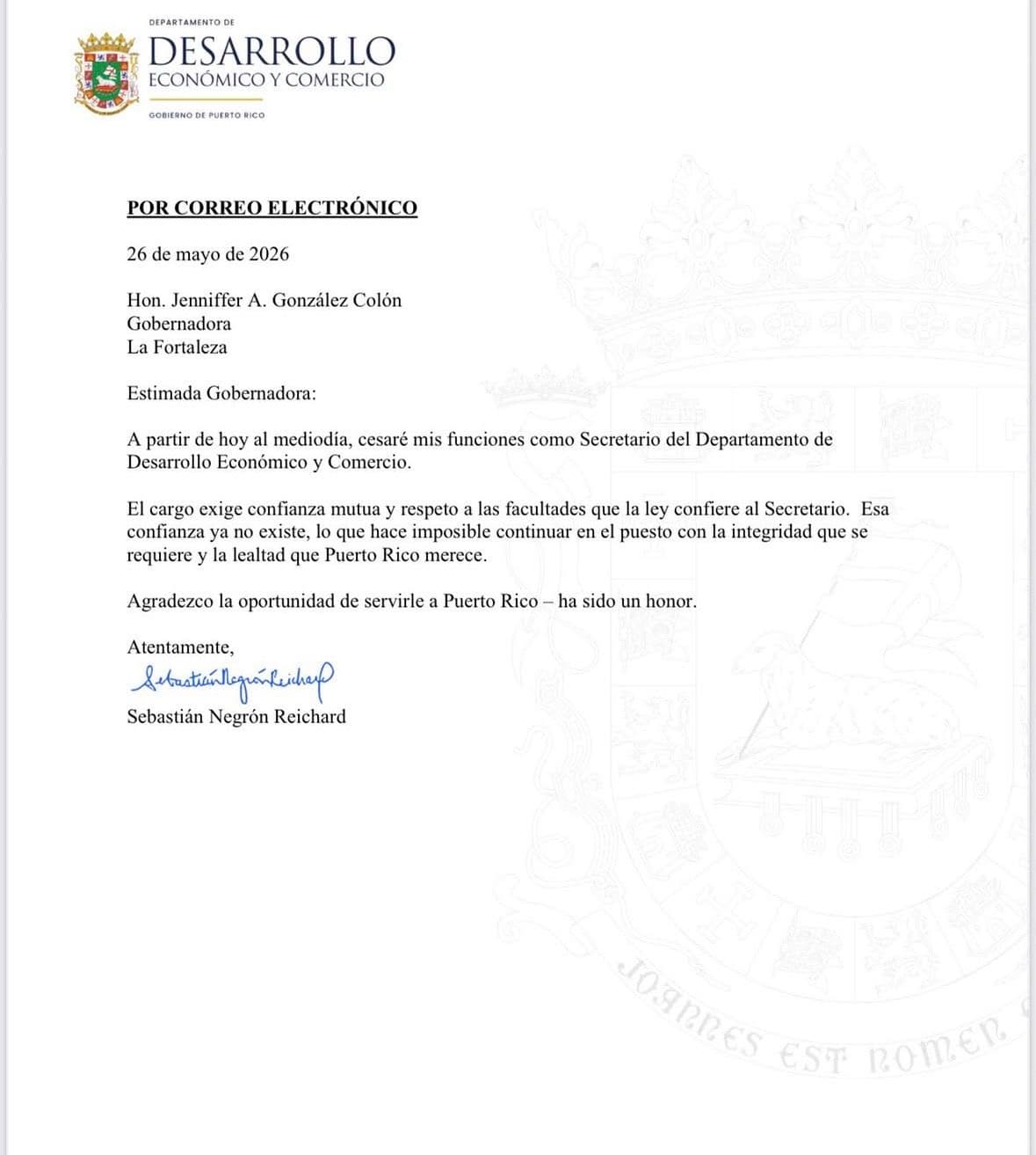 Carta de renuncia de Sebastián Negrón Reichard.