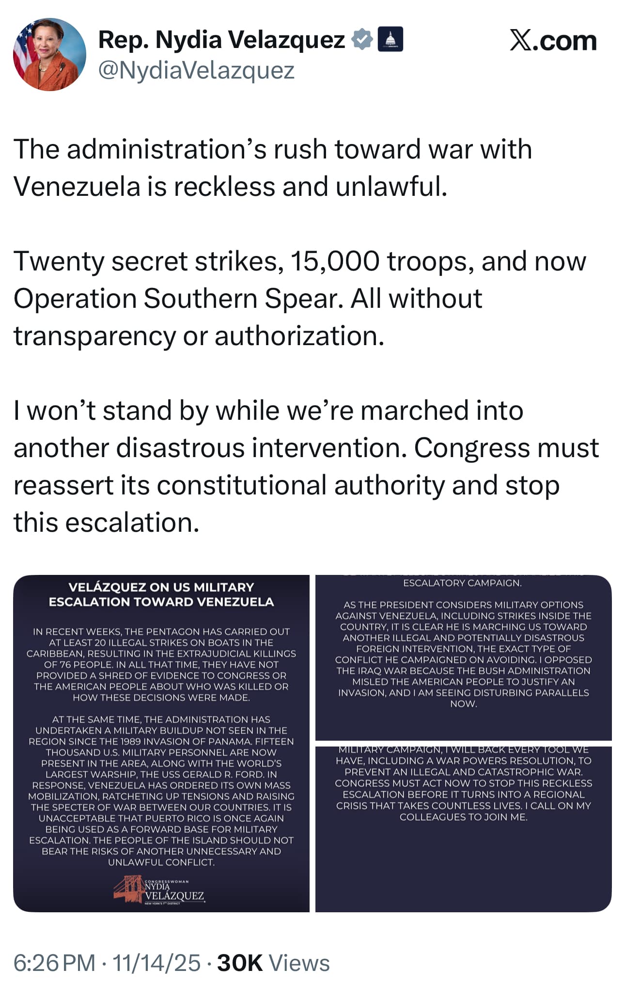 Expresiones de Nydia Velázquez el pasado viernes.