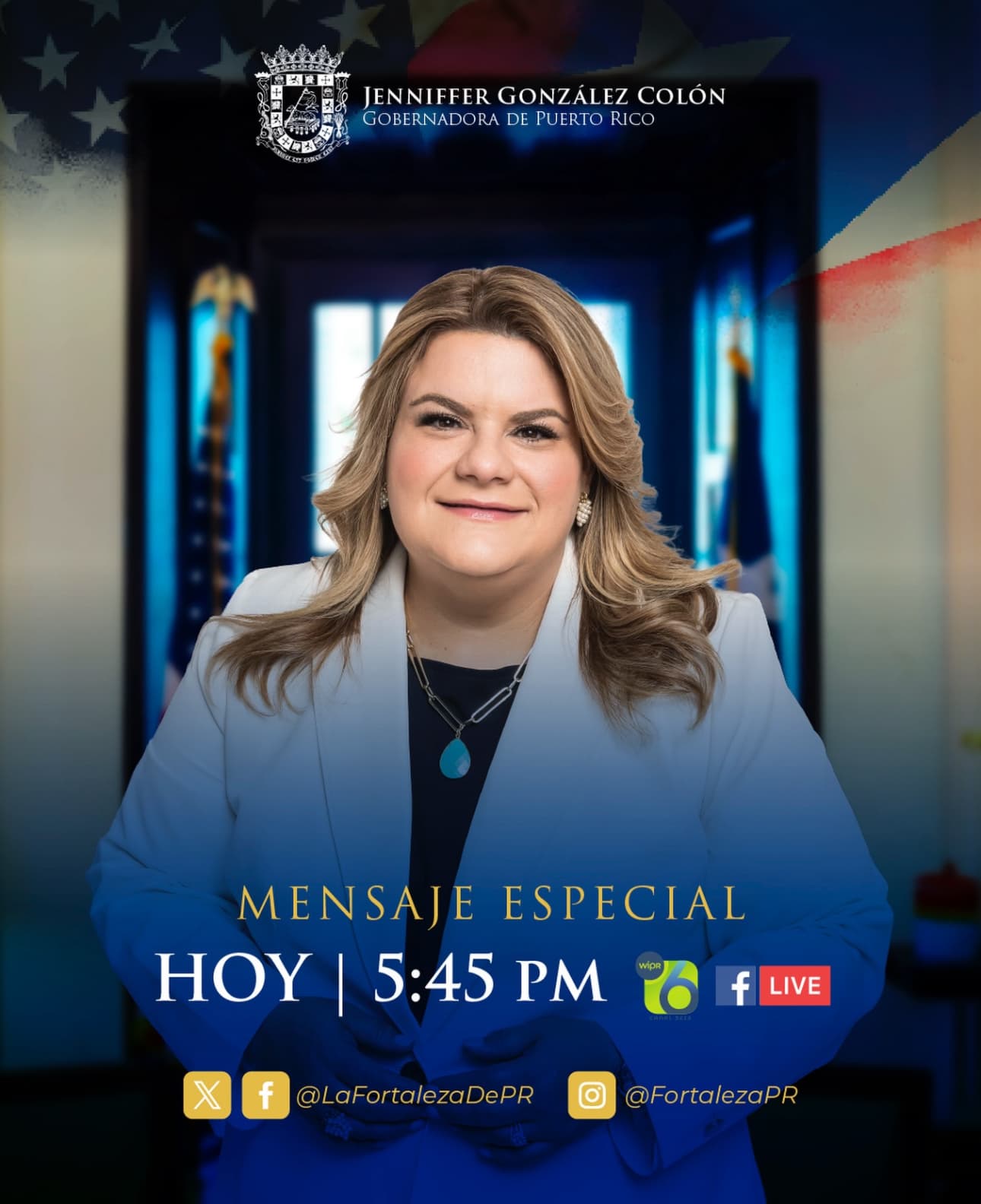 Anuncio del mensaje especial de la gobernadora difundido a través de las redes sociales.