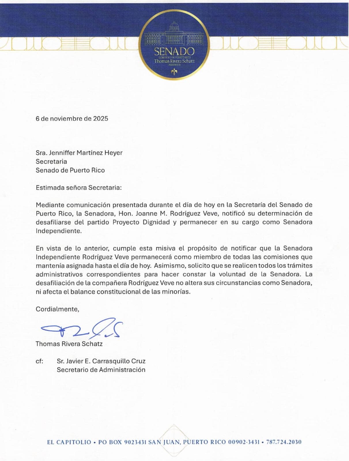 Carta del Presidente del Senado, Thomas Rivera Schatz relacionado a la Senadora Rodríguez Veve.