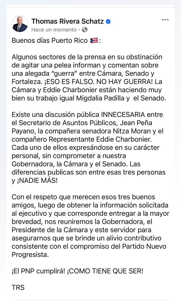 Publicación de Thomas Rivera Schatz en las redes sociales.